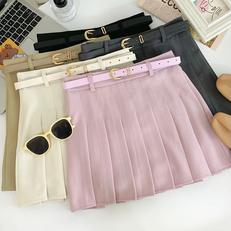 Pleated Mini Flared Skirt with Belt and High Waist