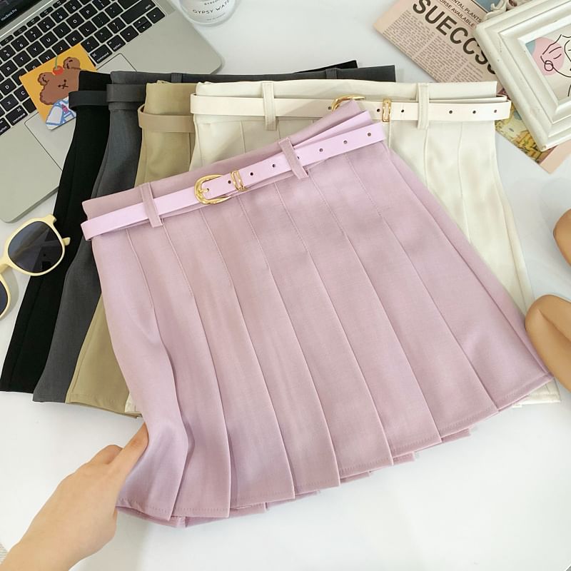 Pleated Mini Flared Skirt with Belt and High Waist