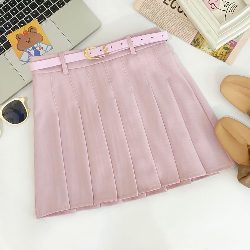 Pleated Mini Flared Skirt with Belt and High Waist
