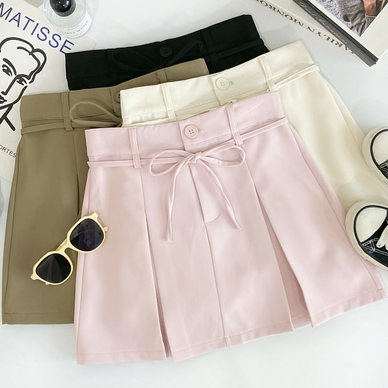 Pleated Mini Flared Skirt with Tie-Waist and High Waist