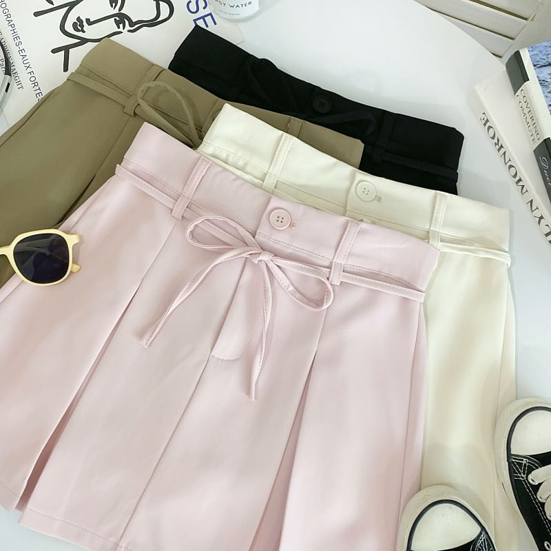 Pleated Mini Flared Skirt with Tie-Waist and High Waist