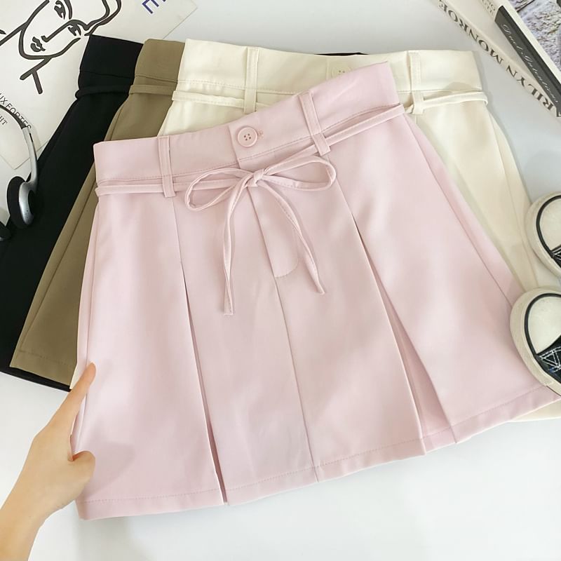 Pleated Mini Flared Skirt with Tie-Waist and High Waist
