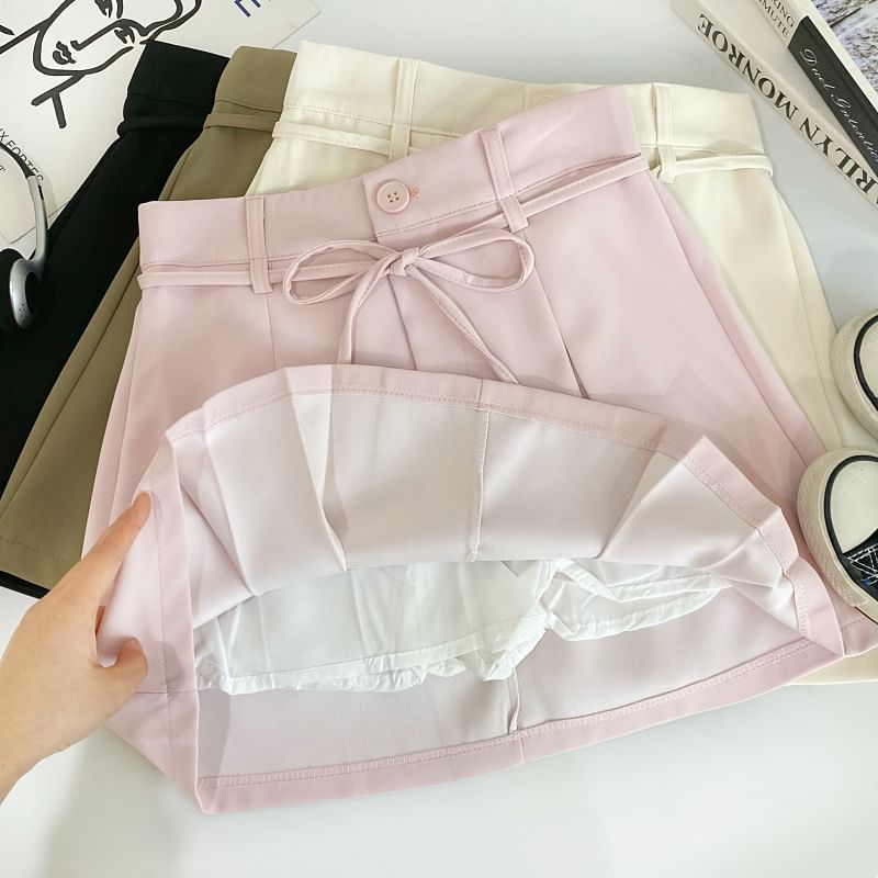 Pleated Mini Flared Skirt with Tie-Waist and High Waist