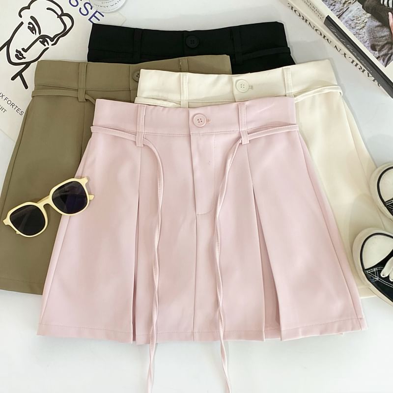 Pleated Mini Flared Skirt with Tie-Waist and High Waist
