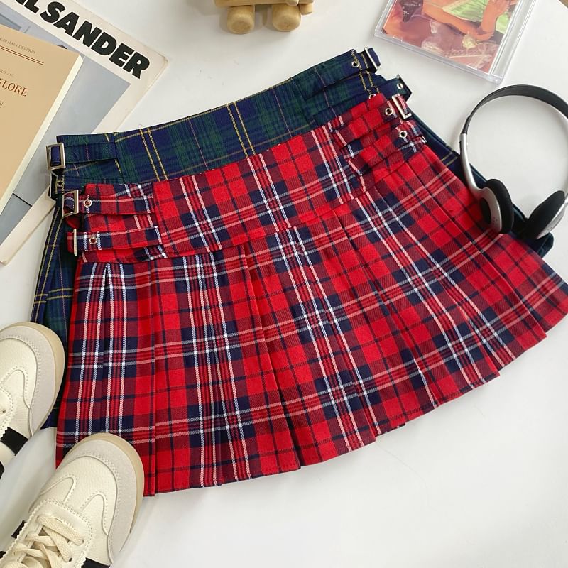 Plaid Pleated Mini Flared Skirt with Buckle and High Waist