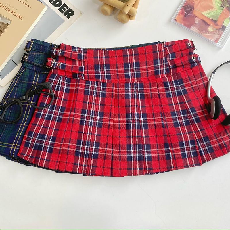Plaid Pleated Mini Flared Skirt with Buckle and High Waist