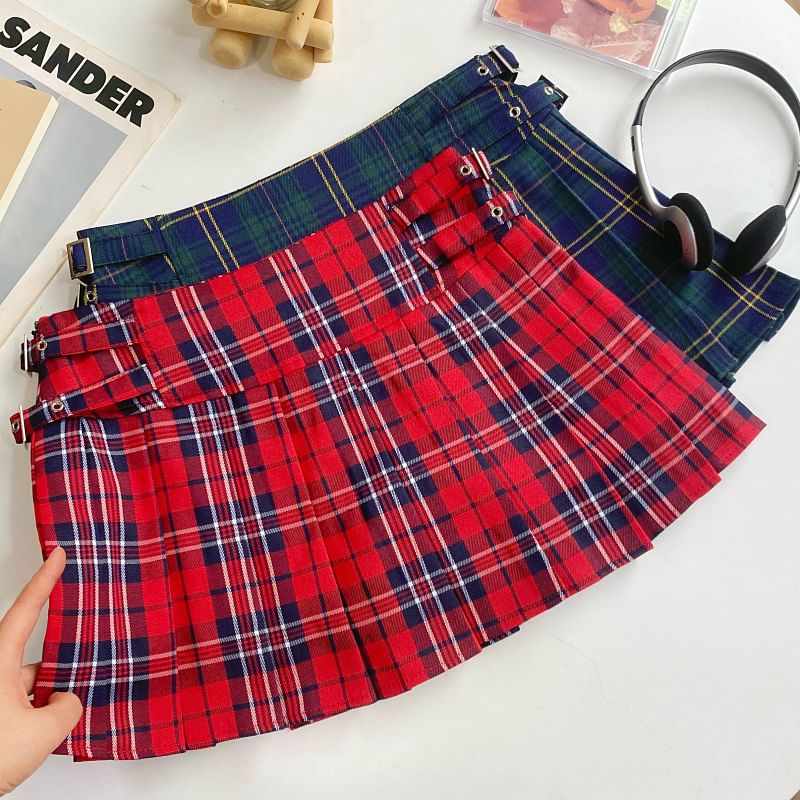 Plaid Pleated Mini Flared Skirt with Buckle and High Waist