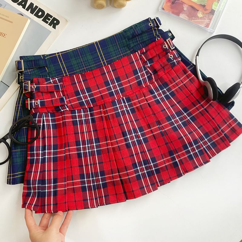 Plaid Pleated Mini Flared Skirt with Buckle and High Waist