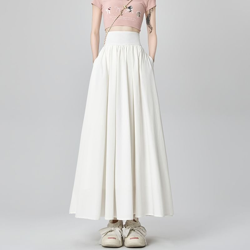 Plain Midi Pleated Waist High A-Line Skirt
