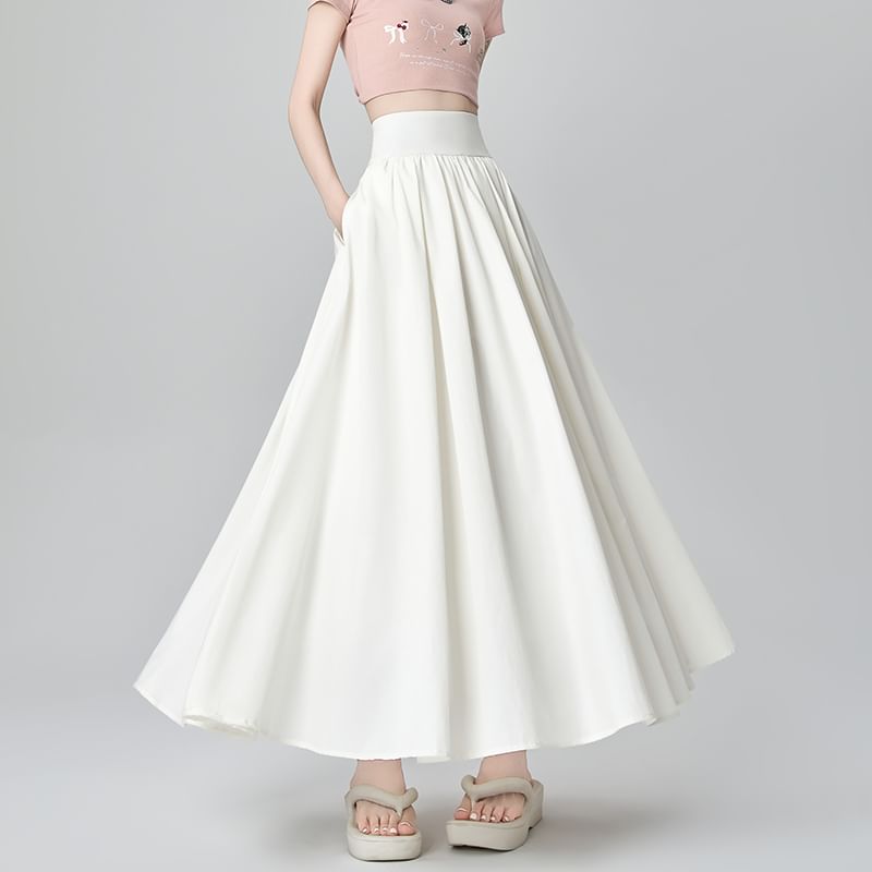 Plain Midi Pleated Waist High A-Line Skirt