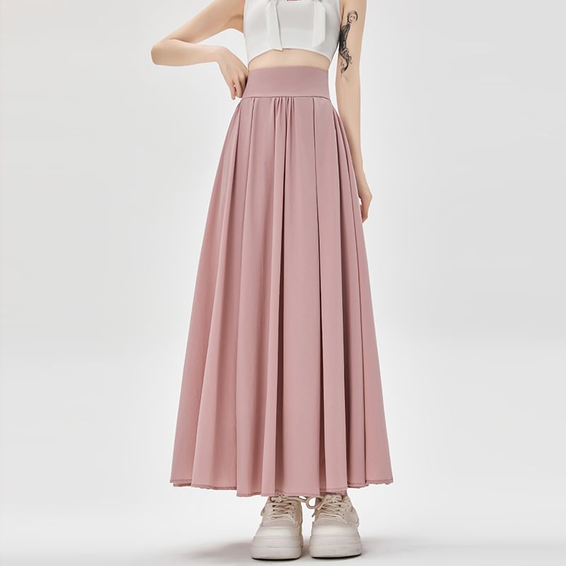 Plain Midi Pleated Waist High A-Line Skirt
