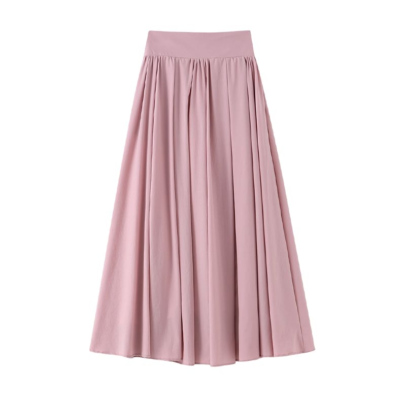 Plain Midi Pleated Waist High A-Line Skirt