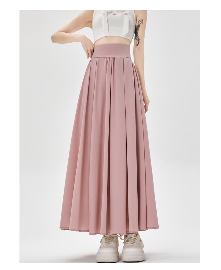 Plain Midi Pleated Waist High A-Line Skirt