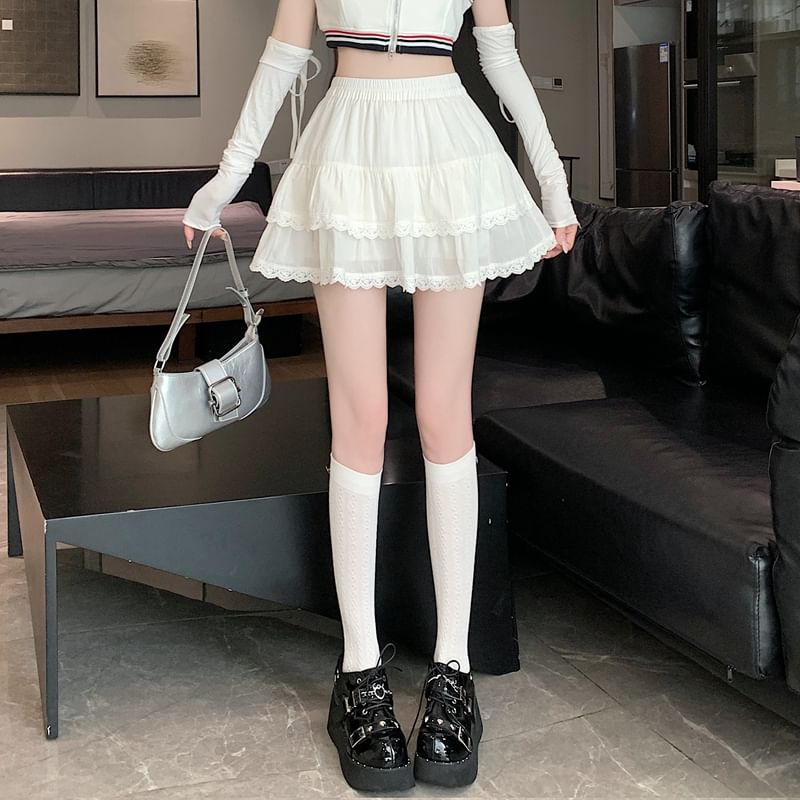 Elastic A-Line Balletcore Tiered Plain Lace Skirt Trim Waist Mini