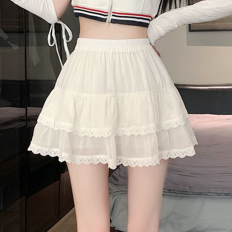 Elastic A-Line Balletcore Tiered Plain Lace Skirt Trim Waist Mini