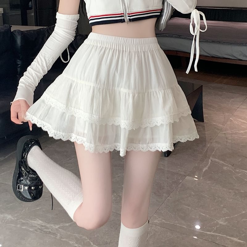 Elastic A-Line Balletcore Tiered Plain Lace Skirt Trim Waist Mini