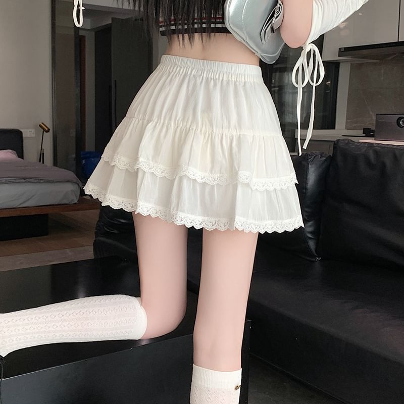 Elastic A-Line Balletcore Tiered Plain Lace Skirt Trim Waist Mini