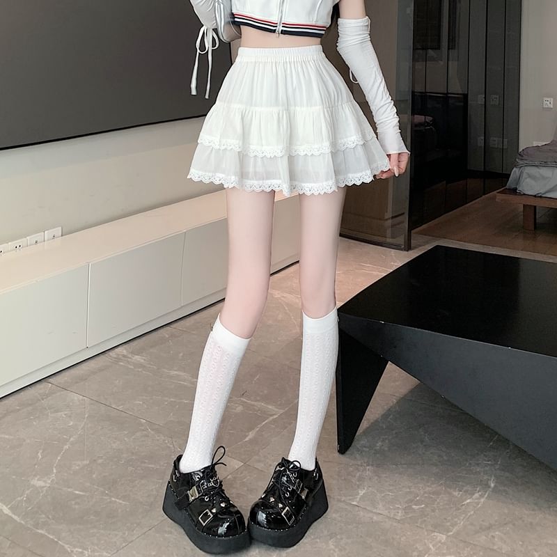Elastic A-Line Balletcore Tiered Plain Lace Skirt Trim Waist Mini