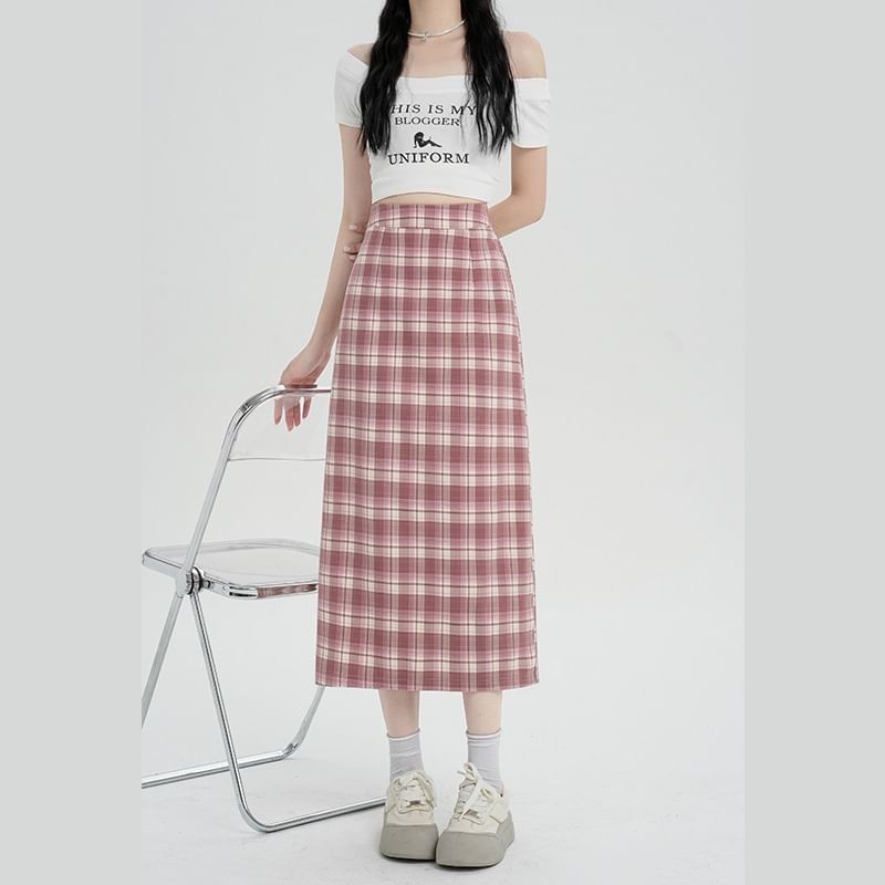 Slit Plaid Straight Midi Skirt with High Waist