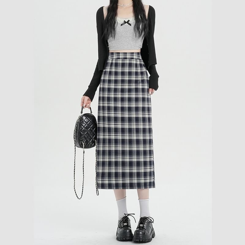 Slit Plaid Straight Midi Skirt with High Waist