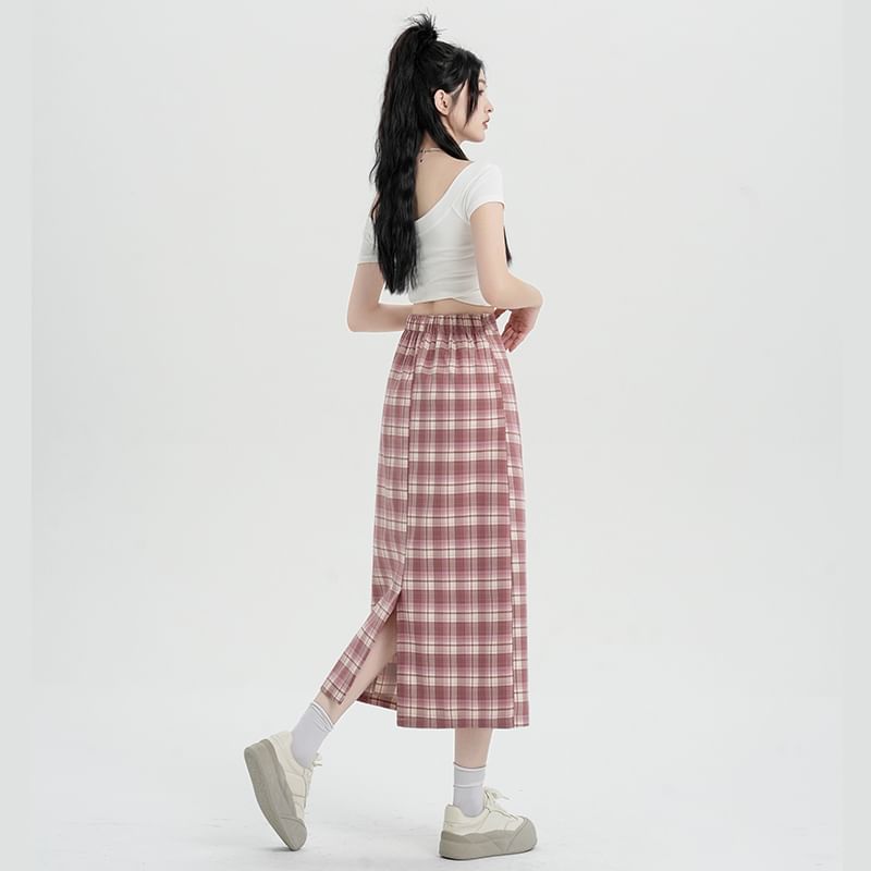 Slit Plaid Straight Midi Skirt with High Waist