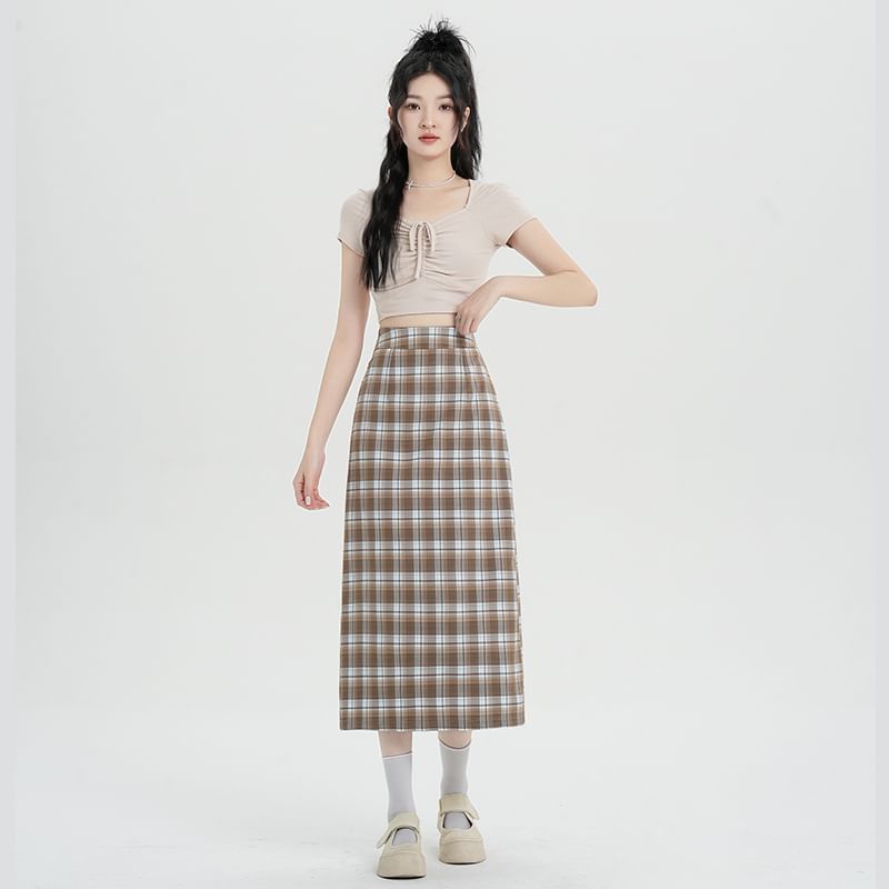 Slit Plaid Straight Midi Skirt with High Waist