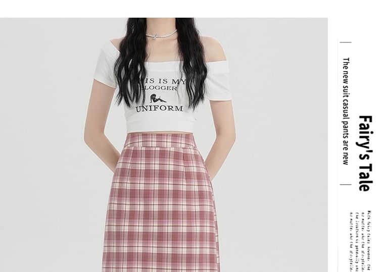 Slit Plaid Straight Midi Skirt with High Waist