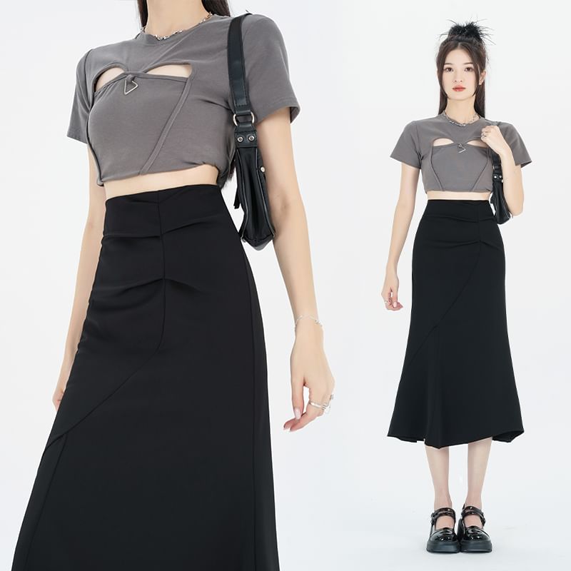Ruched Fishtail Midi Skirt with High-Rise Waist