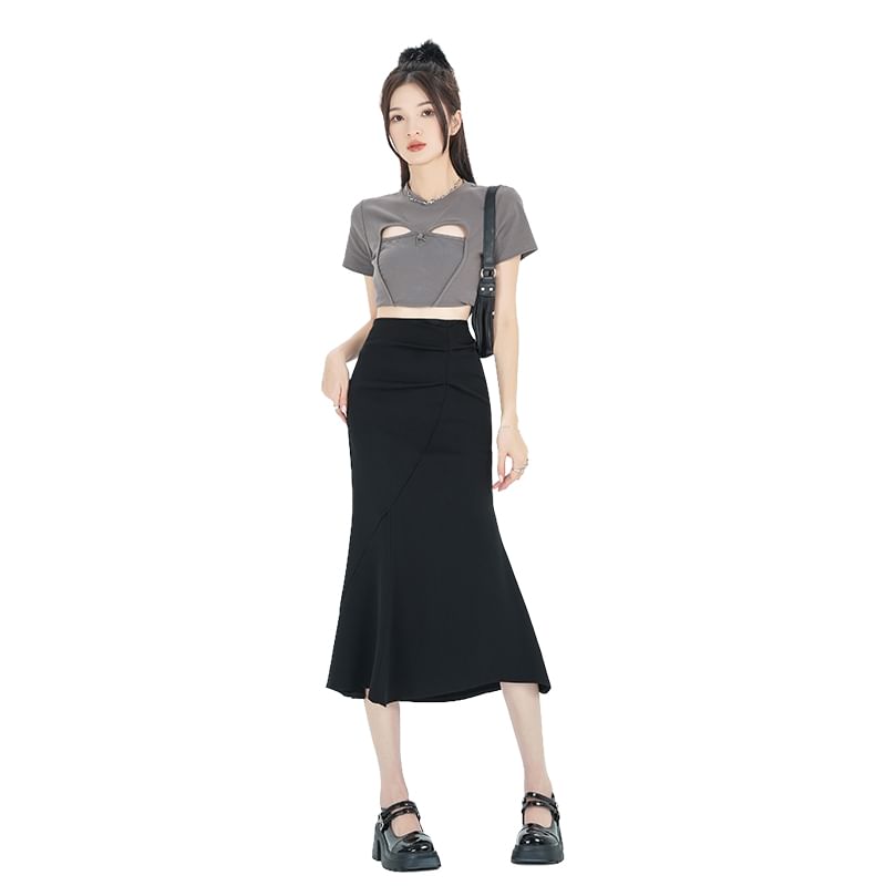 Ruched Fishtail Midi Skirt with High-Rise Waist