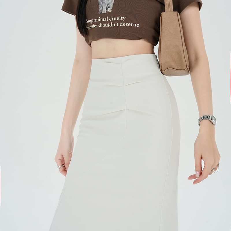 Ruched Fishtail Midi Skirt with High-Rise Waist