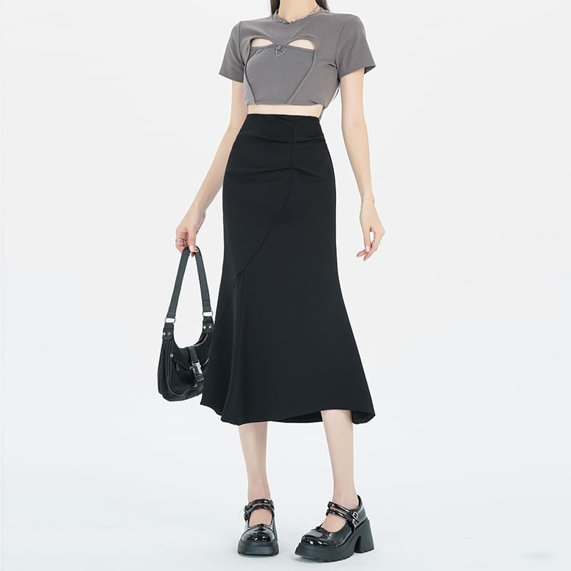 Ruched Fishtail Midi Skirt with High-Rise Waist
