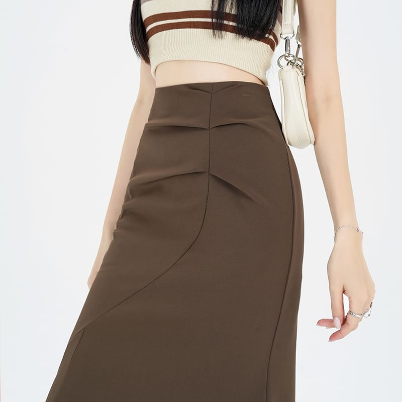 Ruched Fishtail Midi Skirt with High-Rise Waist