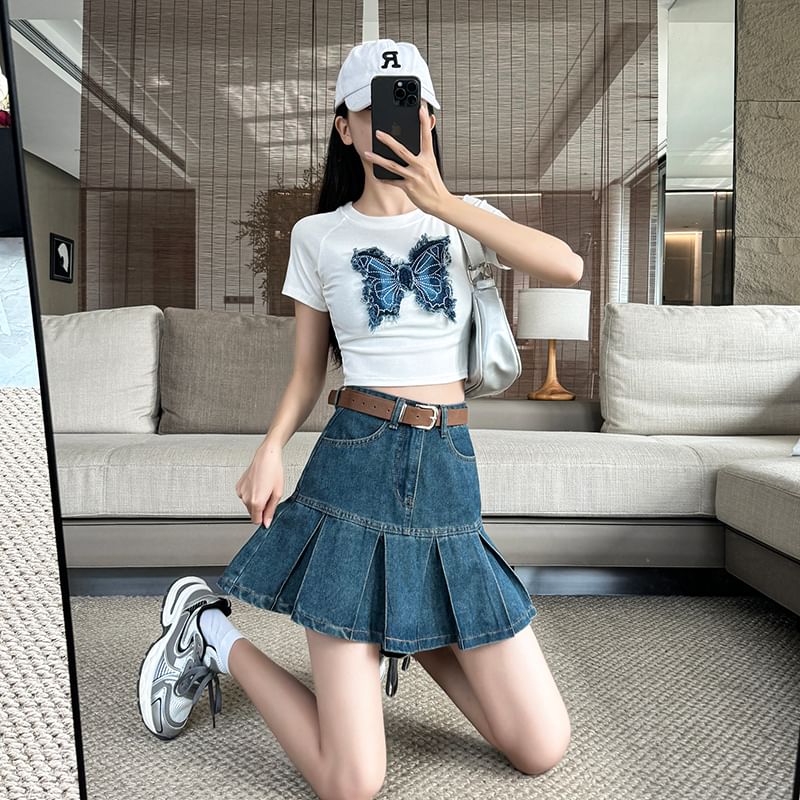 Pleated Denim Mini A-Line Skirt with High Rise