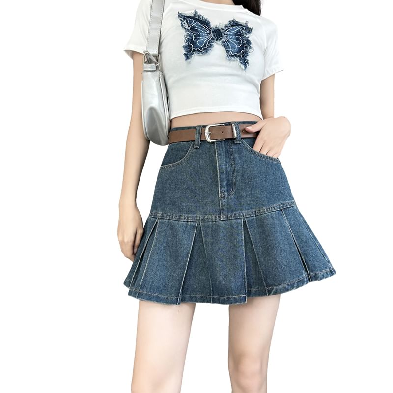 Pleated Denim Mini A-Line Skirt with High Rise