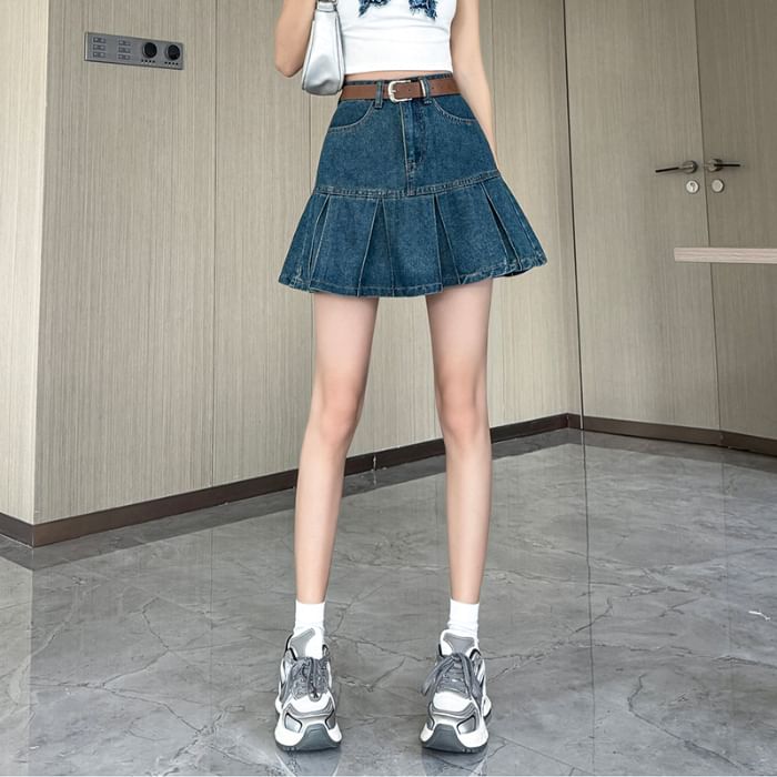 Pleated Denim Mini A-Line Skirt with High Rise