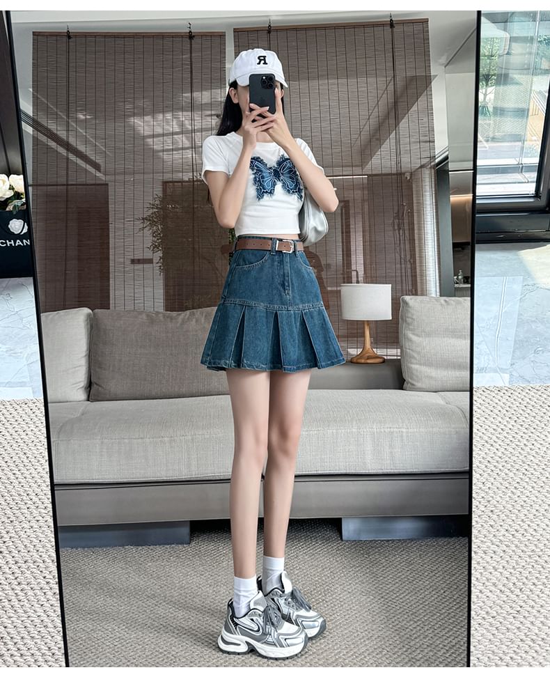 Pleated High A-Line Skirt Mini Denim Rise