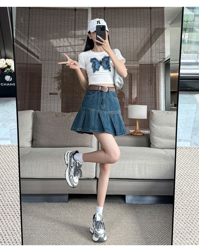Pleated Denim Mini A-Line Skirt with High Rise