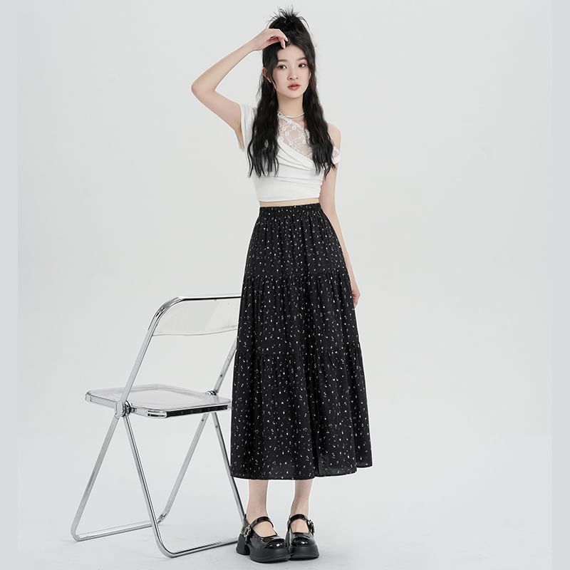 Tiered Waist Floral Elastic A-Line Skirt Midi