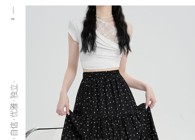 Tiered Waist Floral Elastic A-Line Skirt Midi