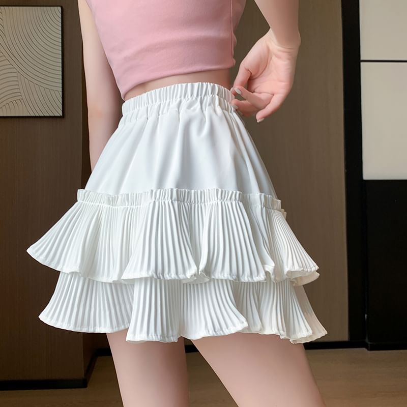Tiered Pleated Skirt Accordion Plain Waist A-Line Mini Elastic