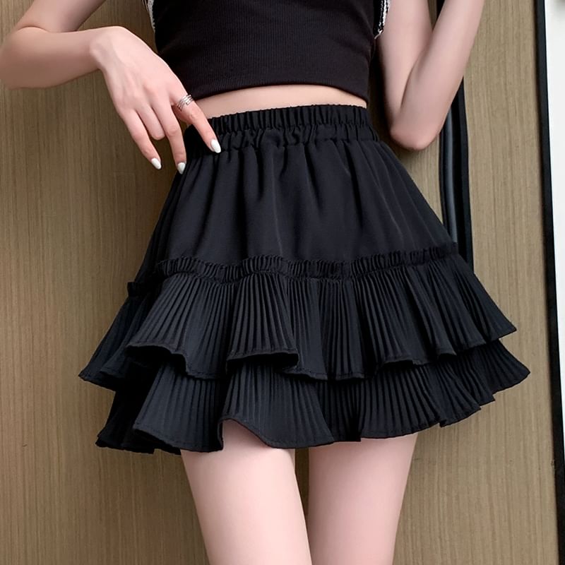 Tiered Pleated Skirt Accordion Plain Waist A-Line Mini Elastic