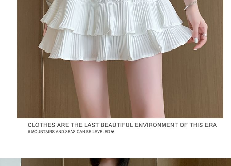 Tiered Pleated Skirt Accordion Plain Waist A-Line Mini Elastic