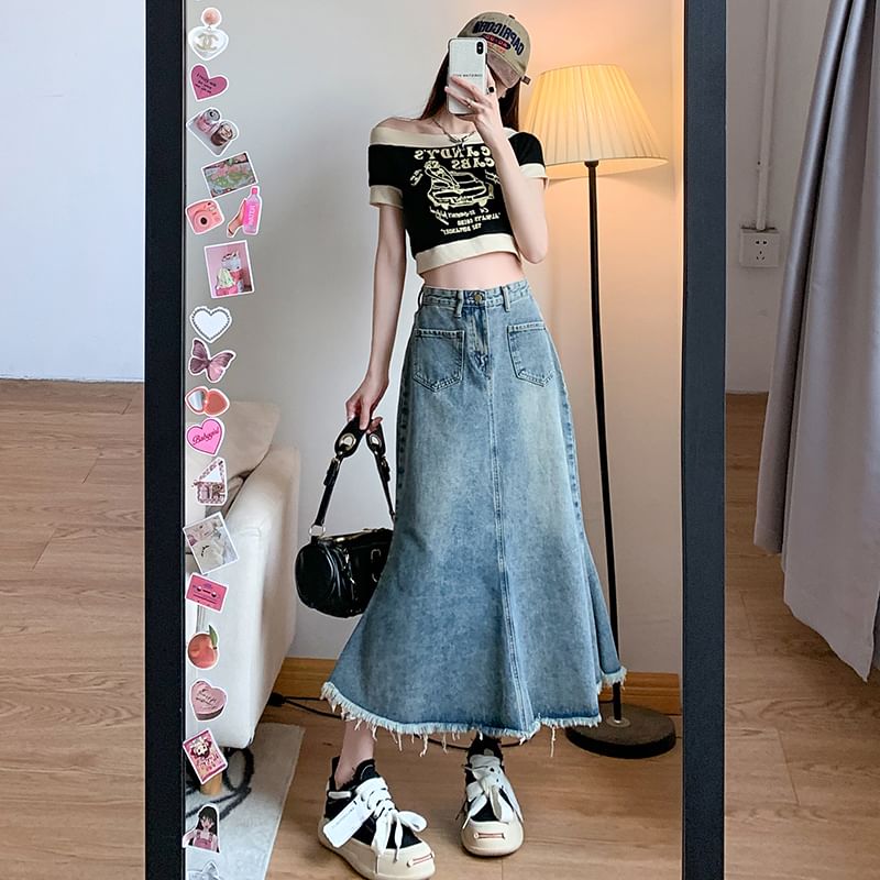 Fringed Denim Flared Midi Skirt with High-Rise Waist