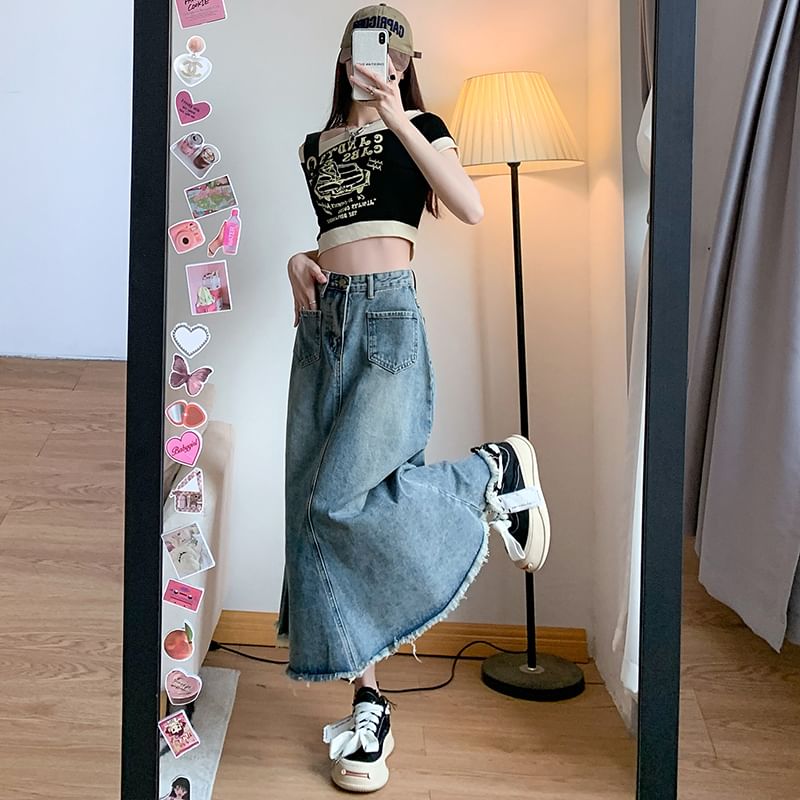 Fringed Denim Flared Midi Skirt with High-Rise Waist