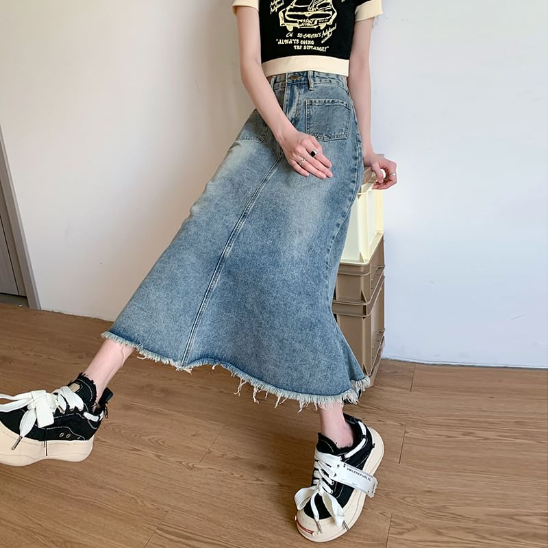 Fringed Denim Flared Midi Skirt with High-Rise Waist