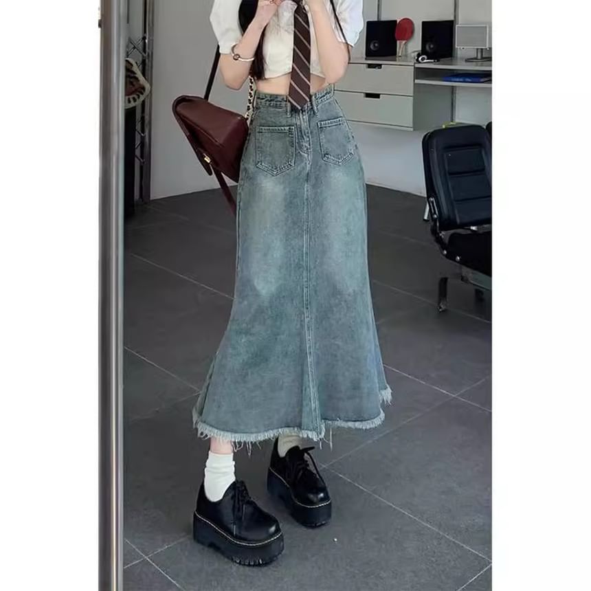 Fringed Denim Flared Midi Skirt with High-Rise Waist