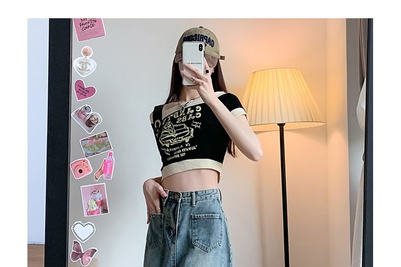 Fringed Denim Flared Midi Skirt with High-Rise Waist