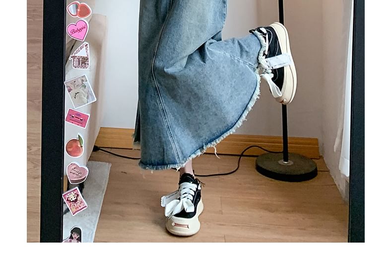 Fringed Denim Flared Midi Skirt with High-Rise Waist