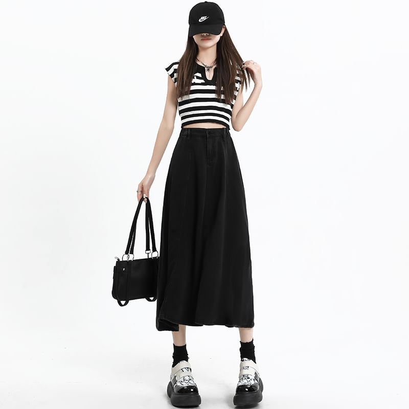 Denim A-Line Midi Skirt with High Rise and Plain Style