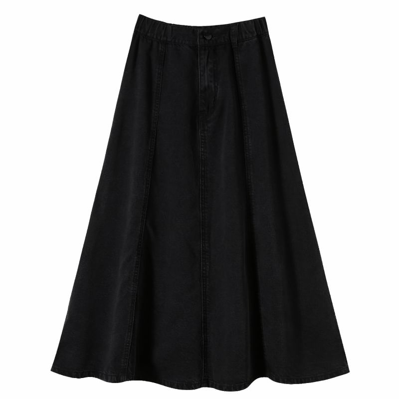 Denim A-Line Midi Skirt with High Rise and Plain Style